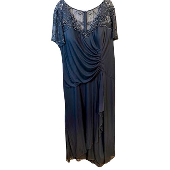 XSCAPE EVENINGS‎ Charcoal Beaded Short Sleeve Ruched Gown Plus Size 22W NWT - Picture 2 of 10